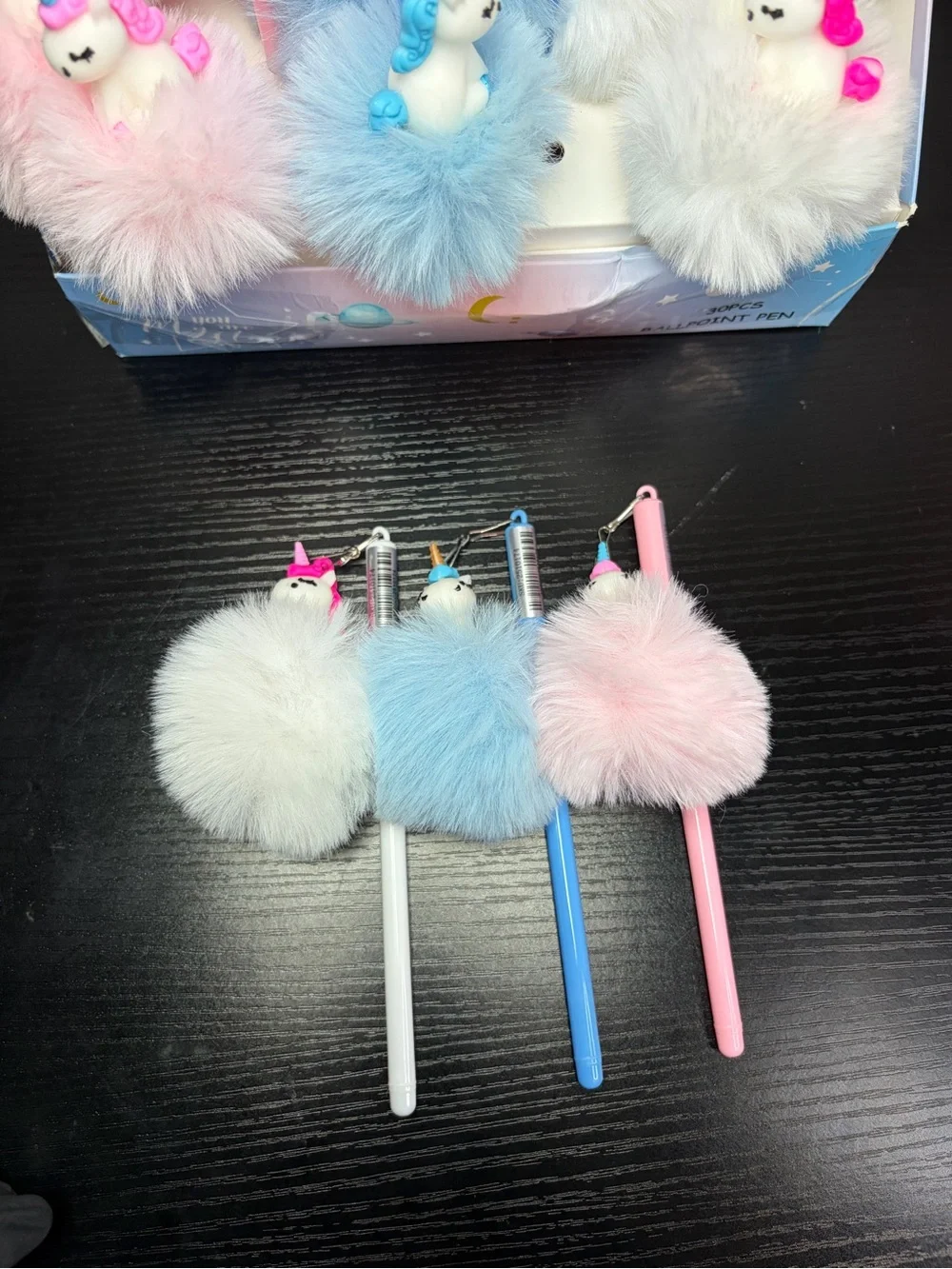 3pc Plush Pom-Pom Unicorn Pen Keychain - Blue, Pink, White